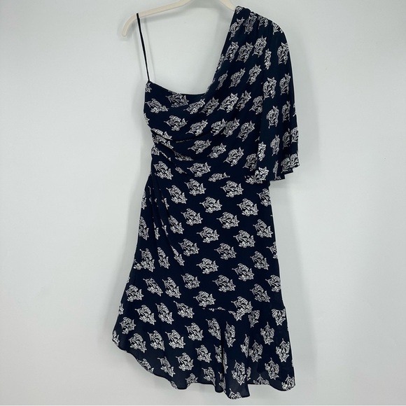 A.L.C. Misha Silk Navy Blue White One Shoulder Dress Size 8 - Picture 7 of 7